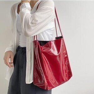 Women Patent Leather Tote Bag Shiny Shoulder Bag Minimalist Fashion Handbag